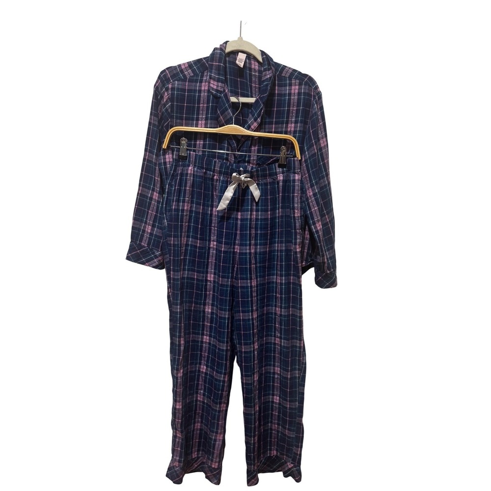 Victoria's Secret Navy Pink Plaid Pajama Set Womens Medium Short Sparkle